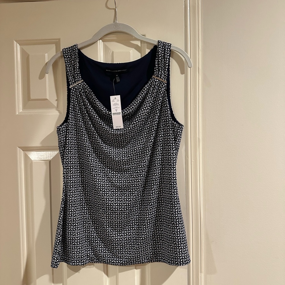 White House Black Market Navy and White Sleeveless Blouse
